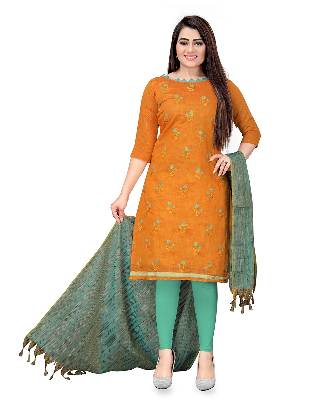 

MANVAA Floral Embroidered Unstitched Dress Material, Yellow
