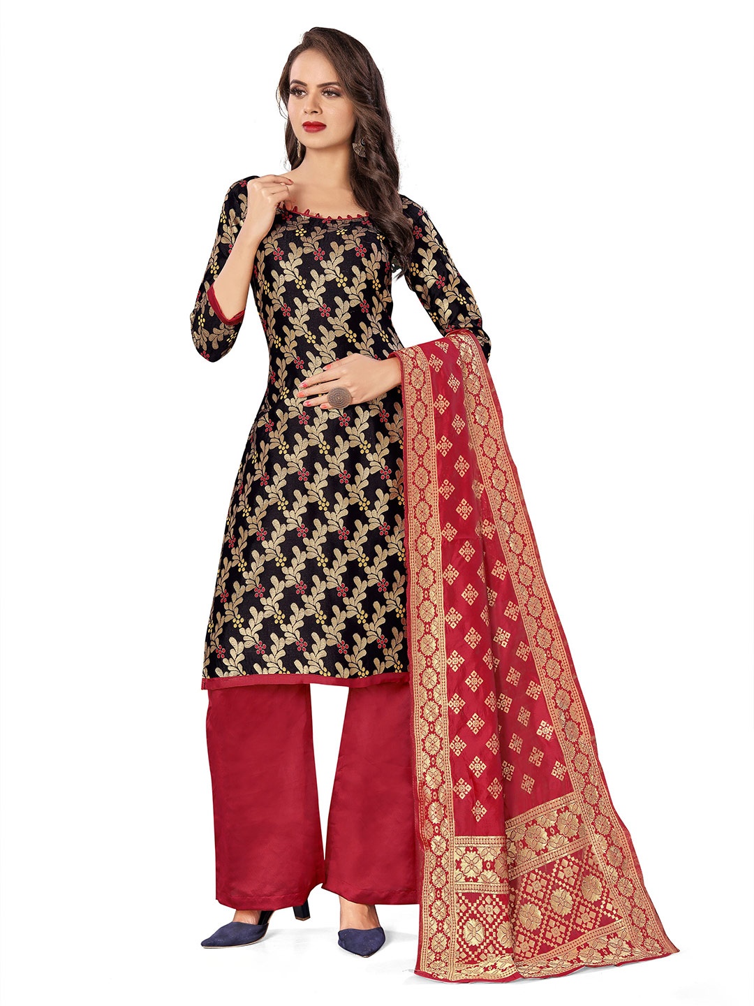 

MANVAA Ethnic Motifs Woven Design Zari Unstitched Dress Material, Black
