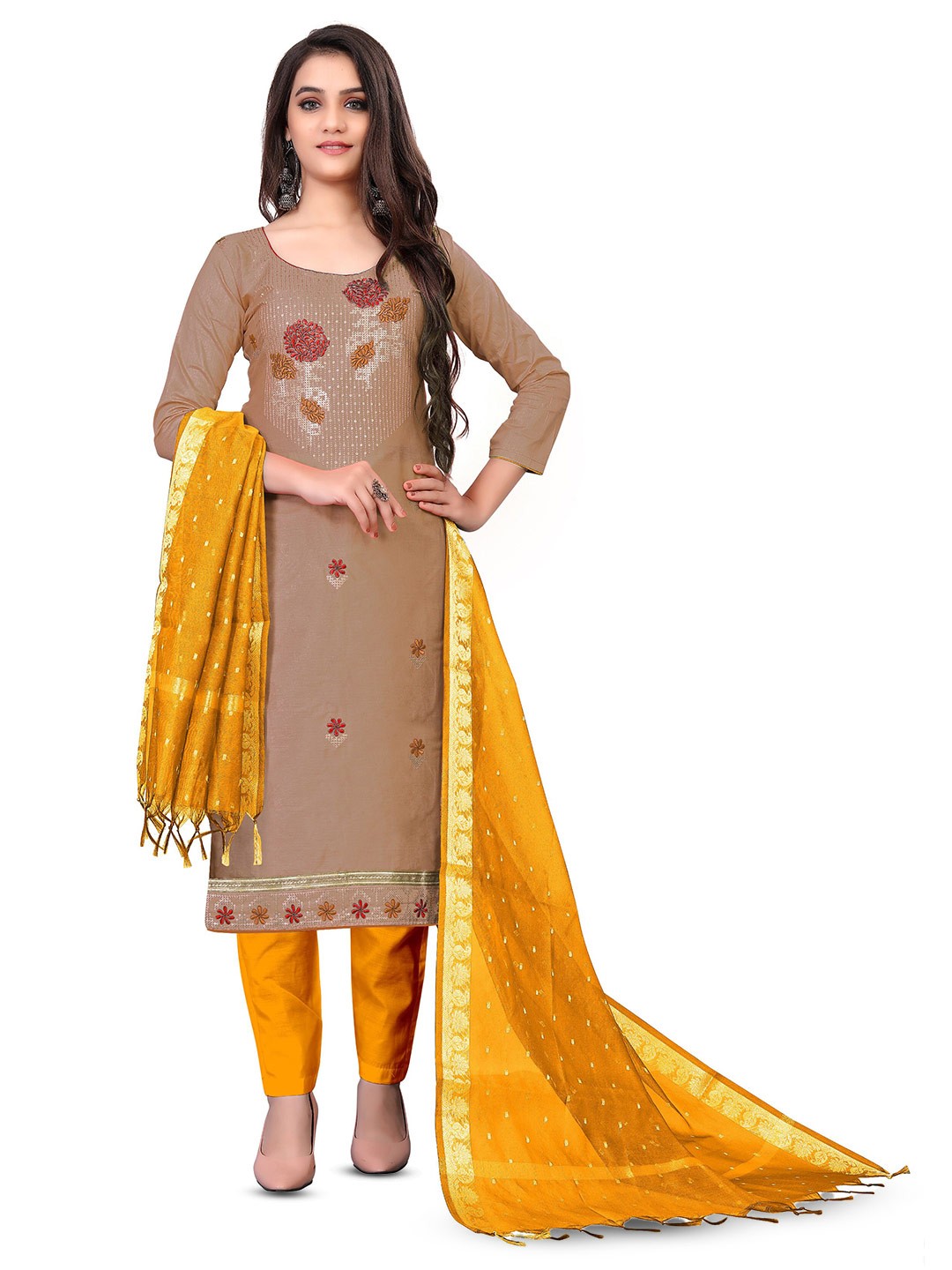 

MANVAA Floral Embroidered Sequinned Unstitched Dress Material, Brown