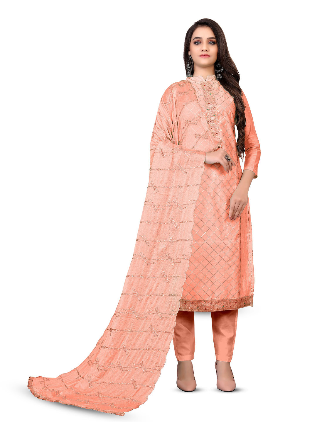 

MANVAA Checked Embroidered Gotta Patti Unstitched Dress Material, Pink