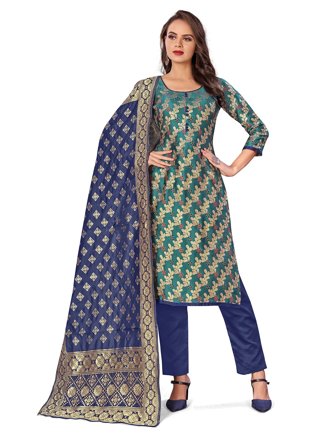 

MANVAA Ethnic Motifs Woven Design Zari Unstitched Dress Material, Green