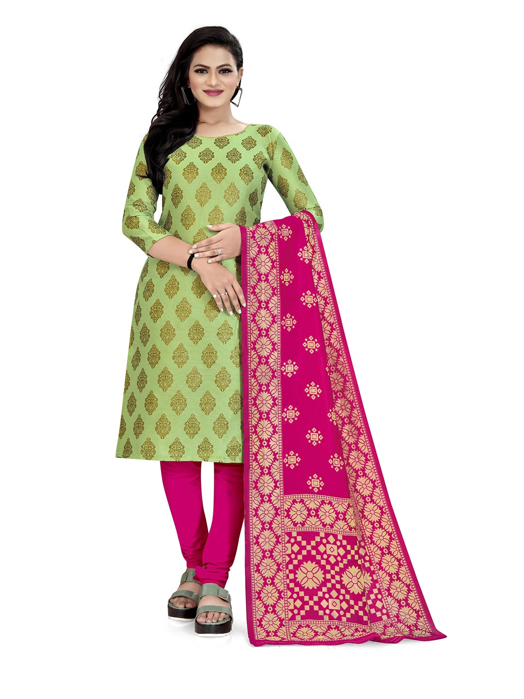 

MANVAA Ethnic Motifs Woven Design Zari Unstitched Dress Material, Green
