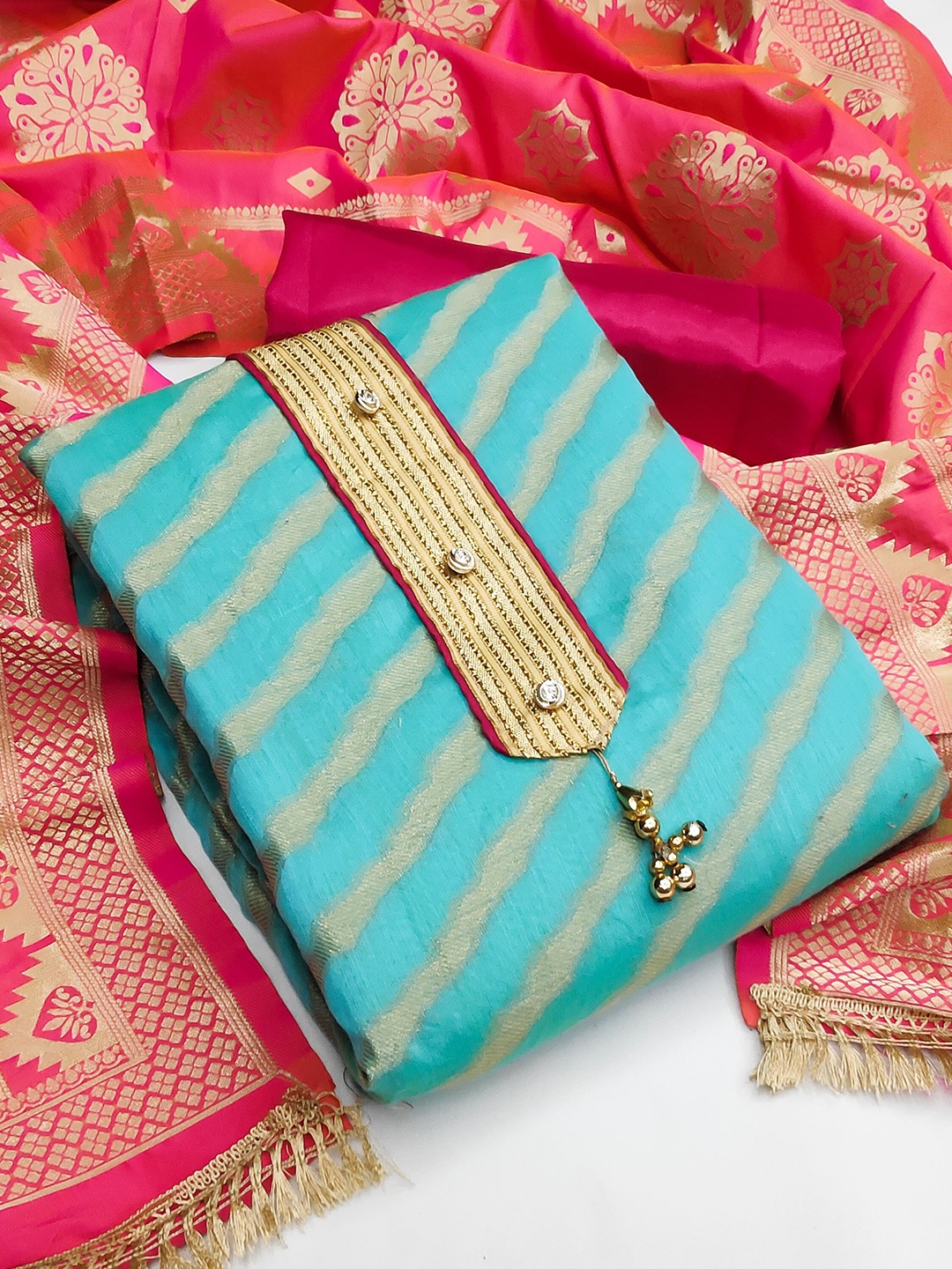 

MANVAA Striped Woven Design Unstitched Dress Material, Blue