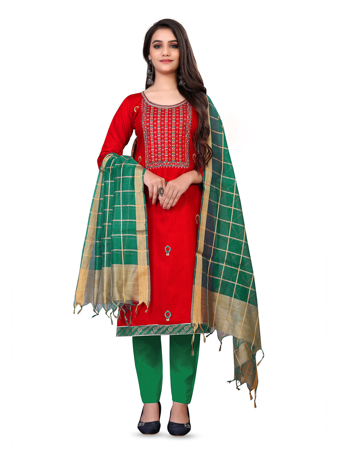

MANVAA Ethnic Motifs Embroidered Unstitched Dress Material, Red