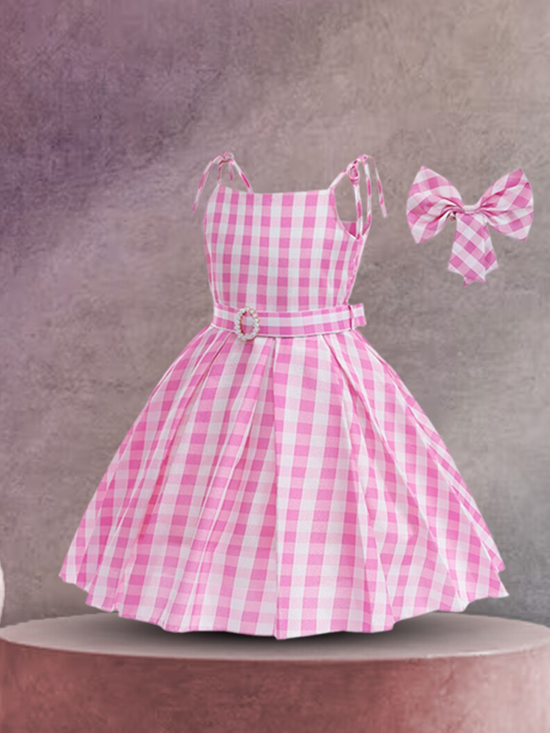 

INCLUD Girls Checked Shoulder Strap Pleated Fit & flare Dress, Pink