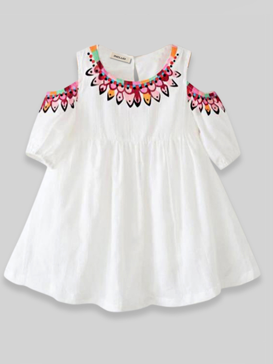 

INCLUD White Print Cold-Shoulder Empire Dress