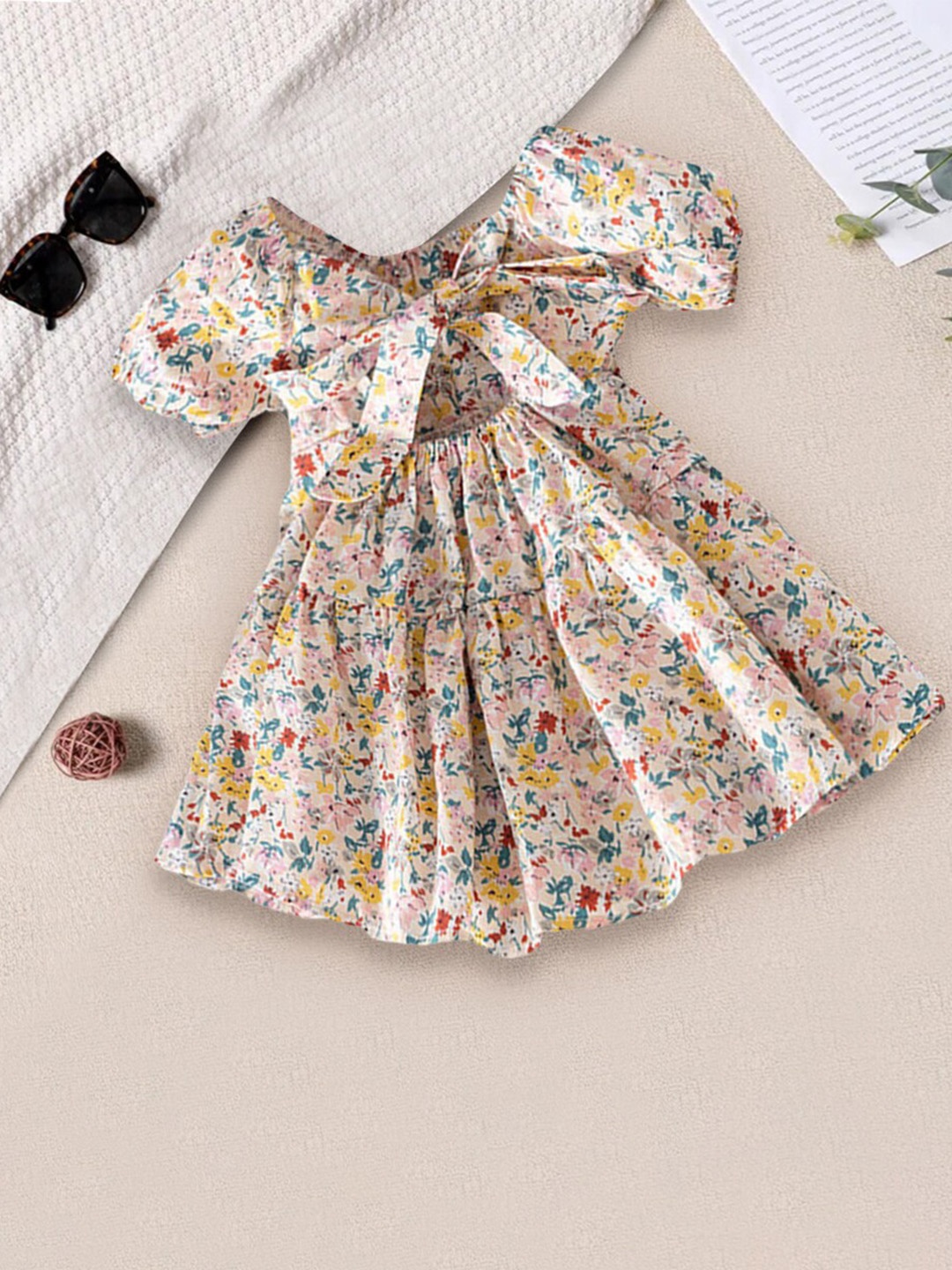 

INCLUD Girls Floral Print Puff Sleeve Tie-Ups Fit & Flare Dress, Peach