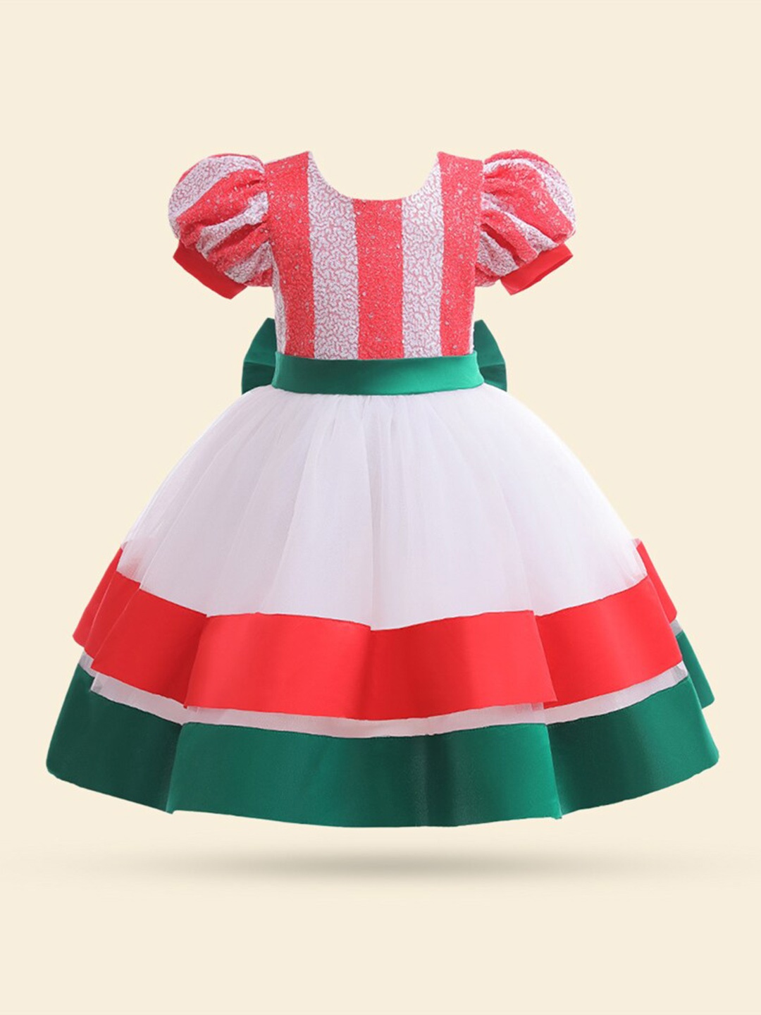 

INCLUD Striped Puff Sleeve Net Fit & Flare Dress, White