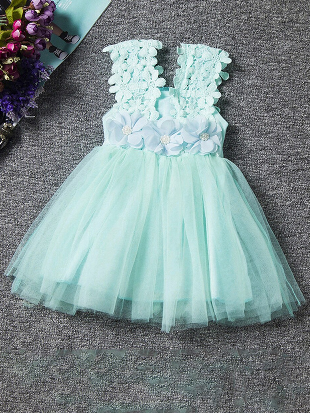 

INCLUD Girls Self Design Sleeveless Net Fit & Flare Dress, Teal