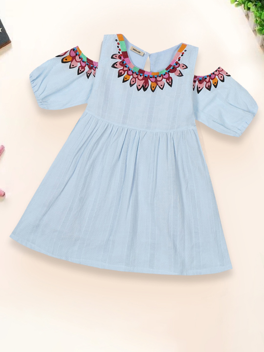 

INCLUD Blue Print Cold-Shoulder Empire Dress