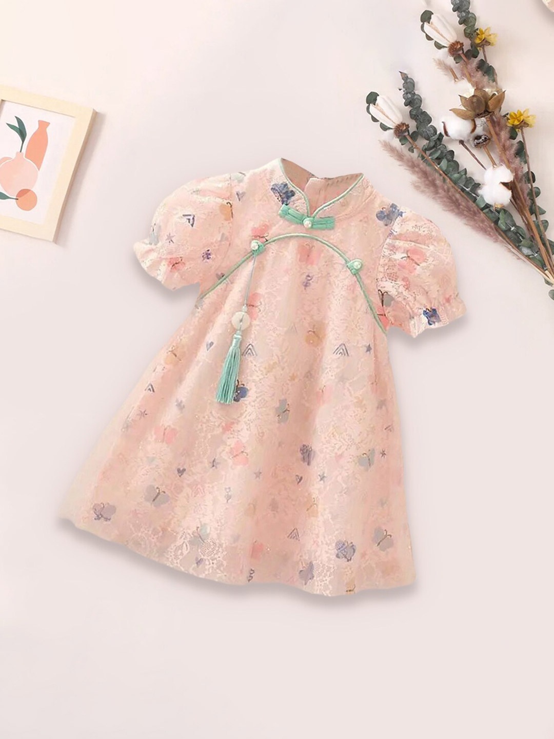 

INCLUD Floral Printed Mandarin Collar Puff Sleeves Cotton A-Line Dress, Pink