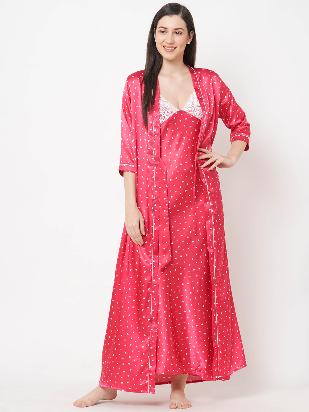 

Sweet Dreams Conversational Printed Satin Maxi Nightdress With Robe, Red