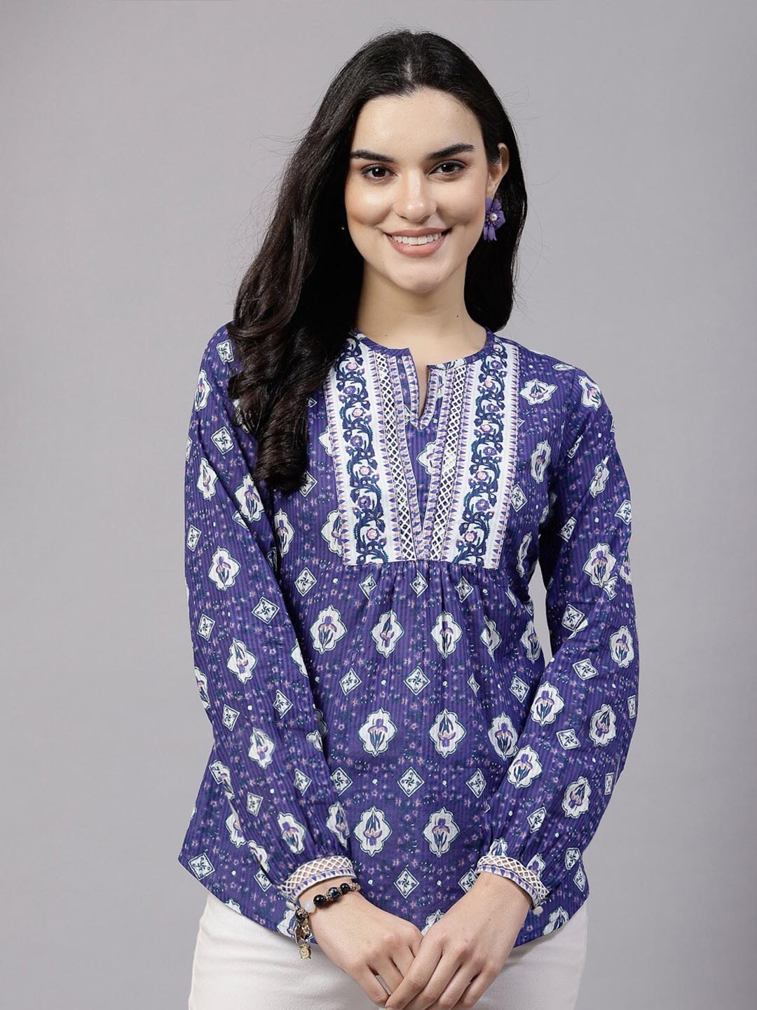 

QOMN Ethnic Motifs Printed Cotton Top, Blue