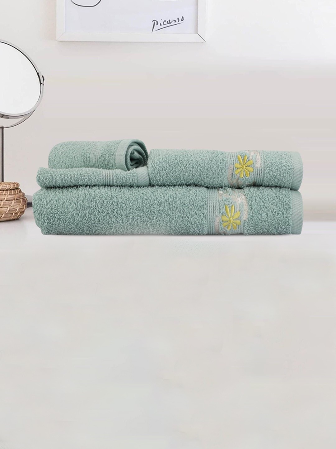 

LUSH & BEYOND Mint Green & Yellow 4Pcs 500 GSM Towel Set, Sea green
