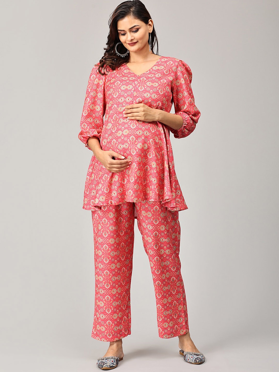 

The Mom Store Ethnic Motifs Printed V-Neck Pure Cotton Maternity Tunic and Trouser, Pink