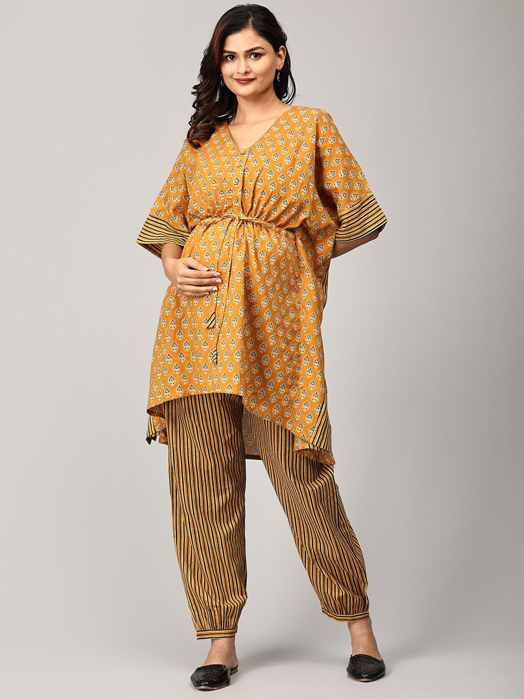 

The Mom Store Ethnic Motifs Printed Pure Cotton Maternity Kaftan With Salwar, Mustard