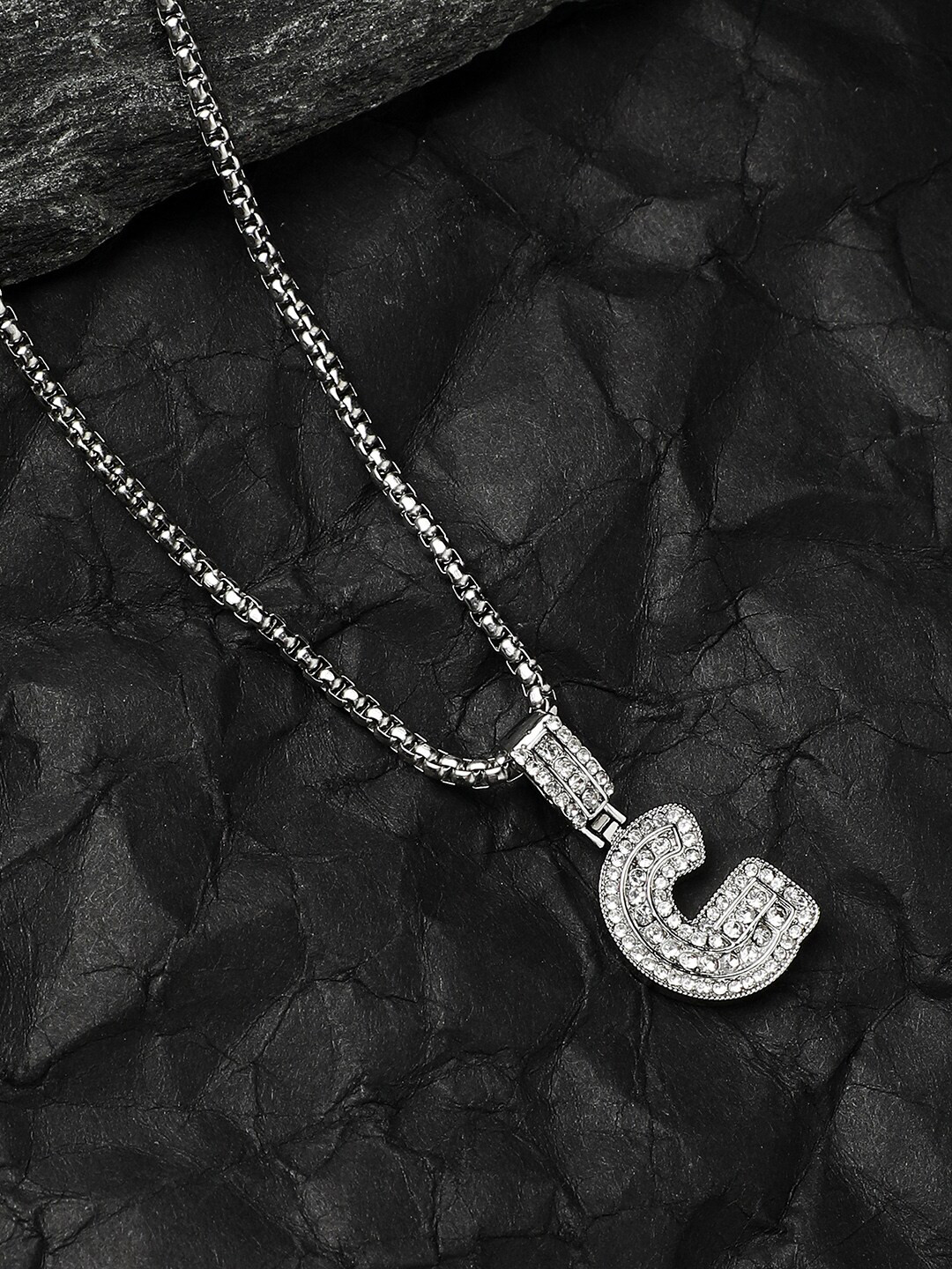 

French Accent Men Silver-Plated Embellished G Alphabet Pendant With Chain
