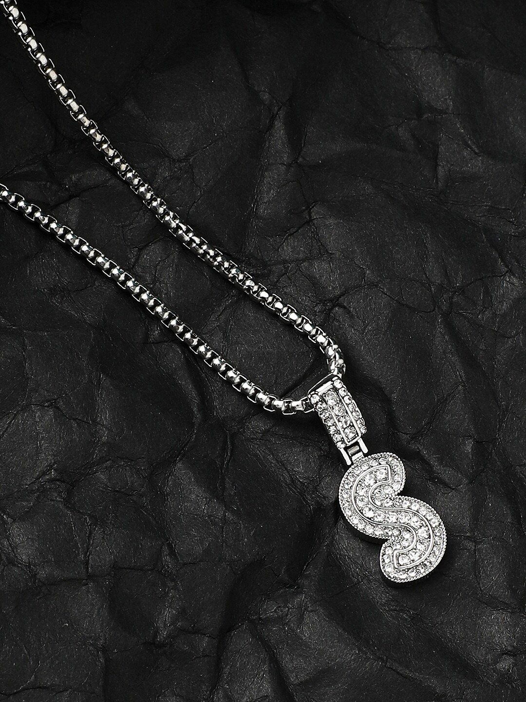 

French Accent Men Silver-Plated Embellished S Alphabet Pendant With Chain