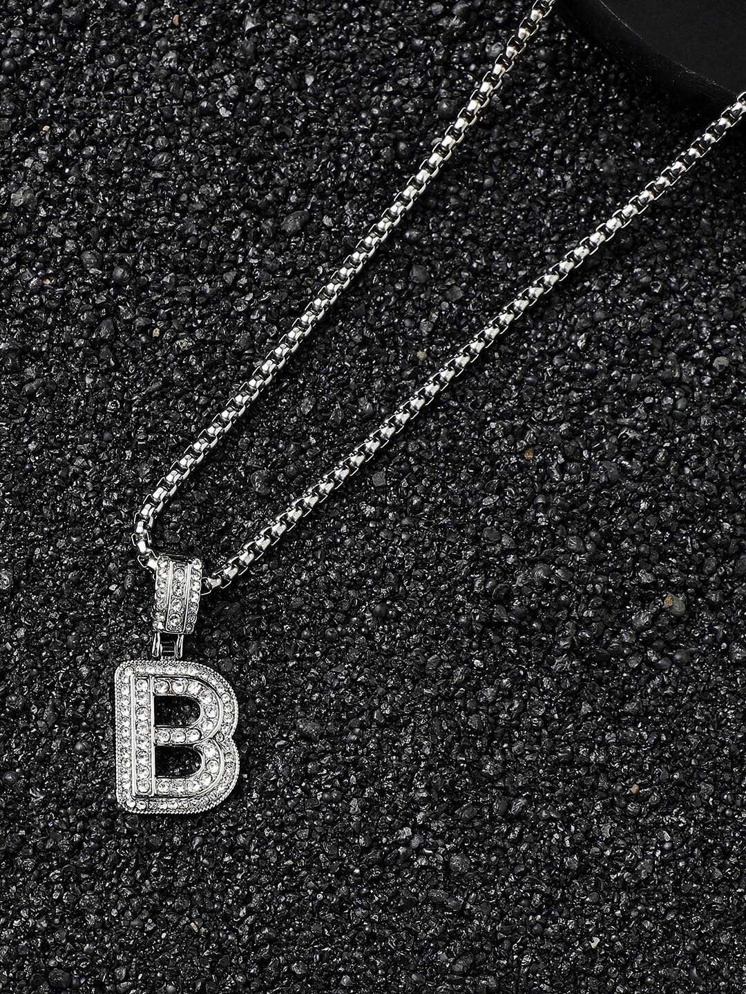 

French Accent Men Silver-Plated Embellished B Alphabet Pendant With Chain