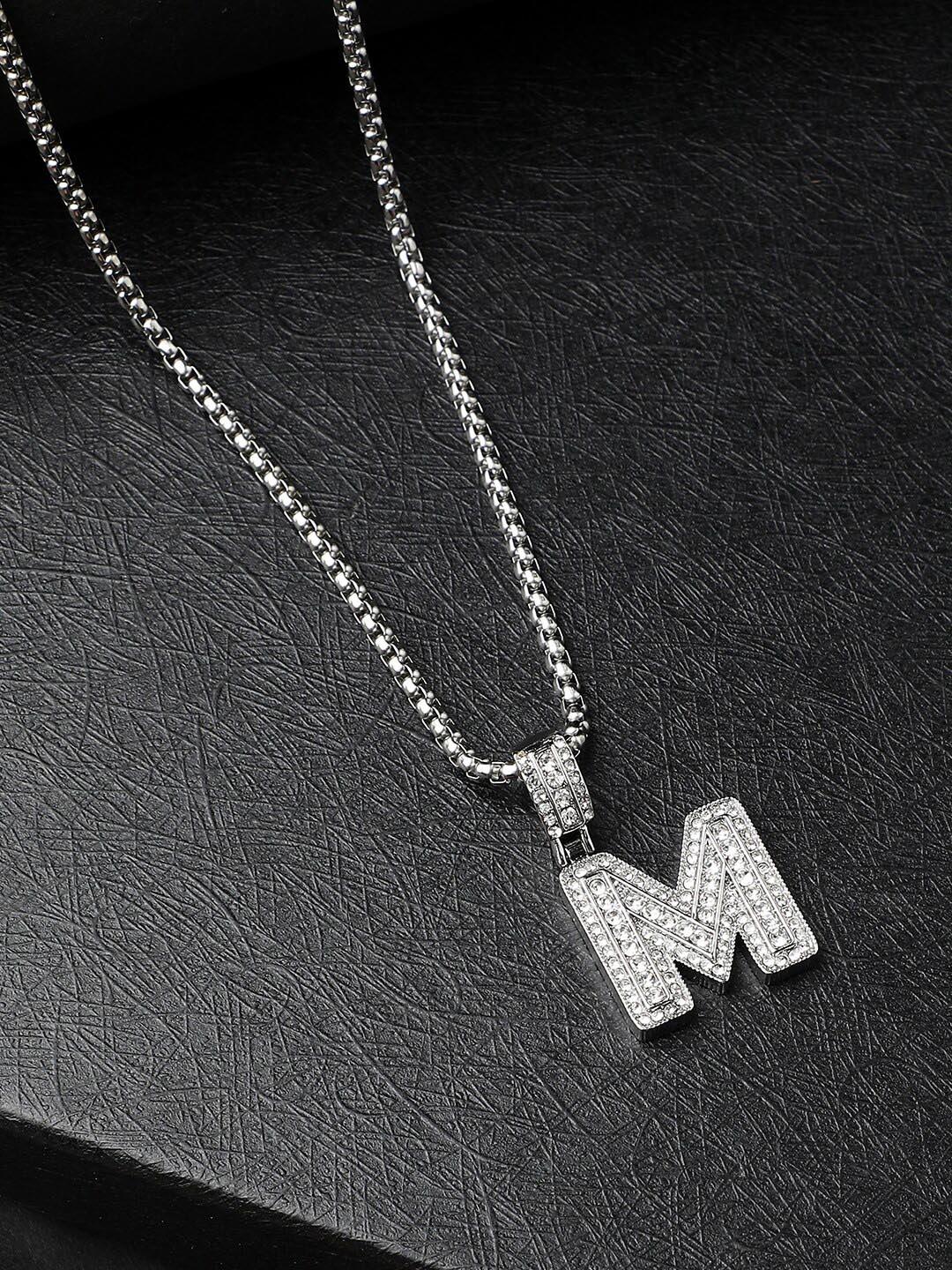 

French Accent Men Silver-Plated Embellished M Alphabet Pendant With Chain