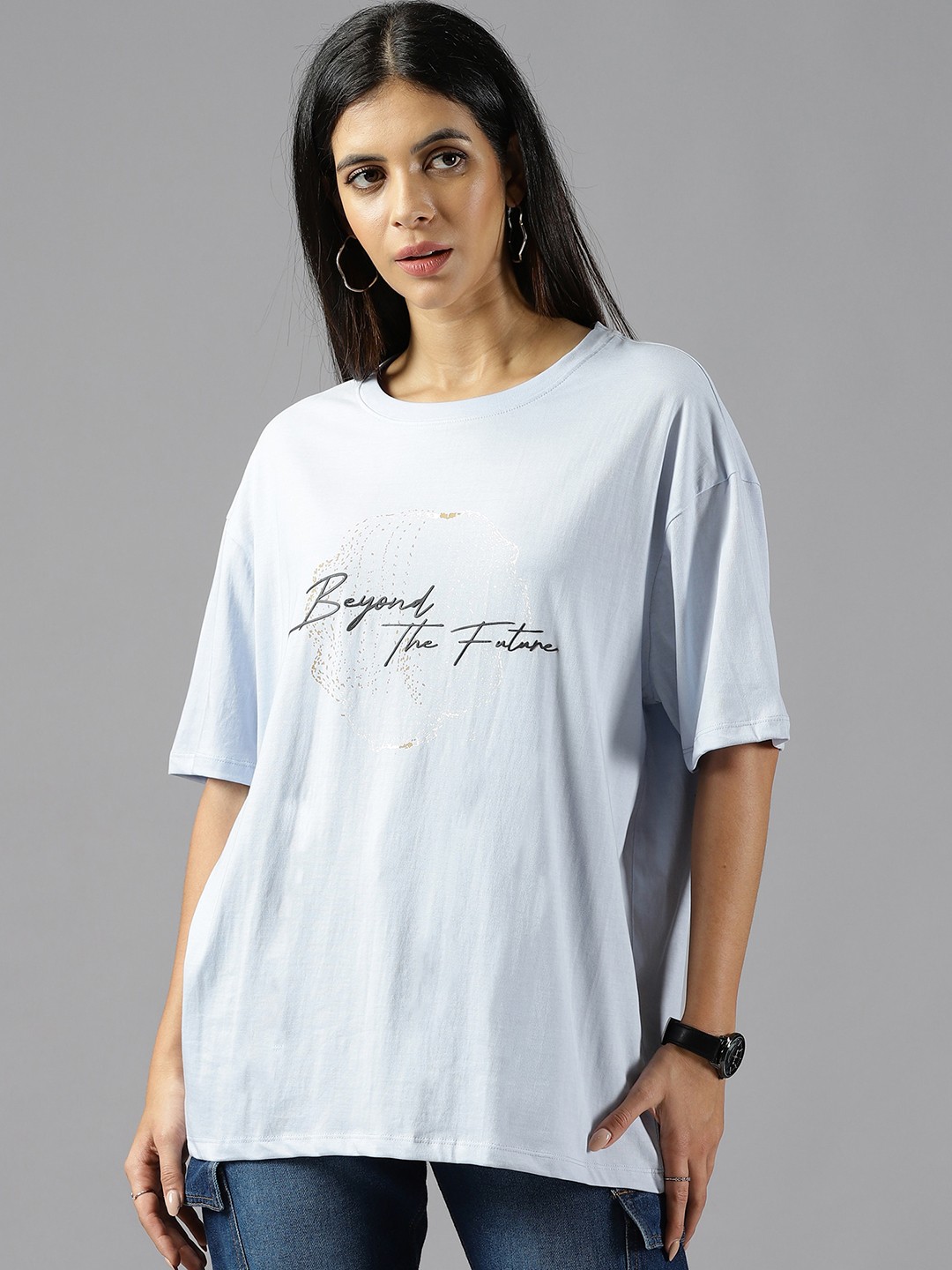 

The Roadster Lifestyle Co. Typography Printed Oversized Pure Cotton T-shirt, Blue