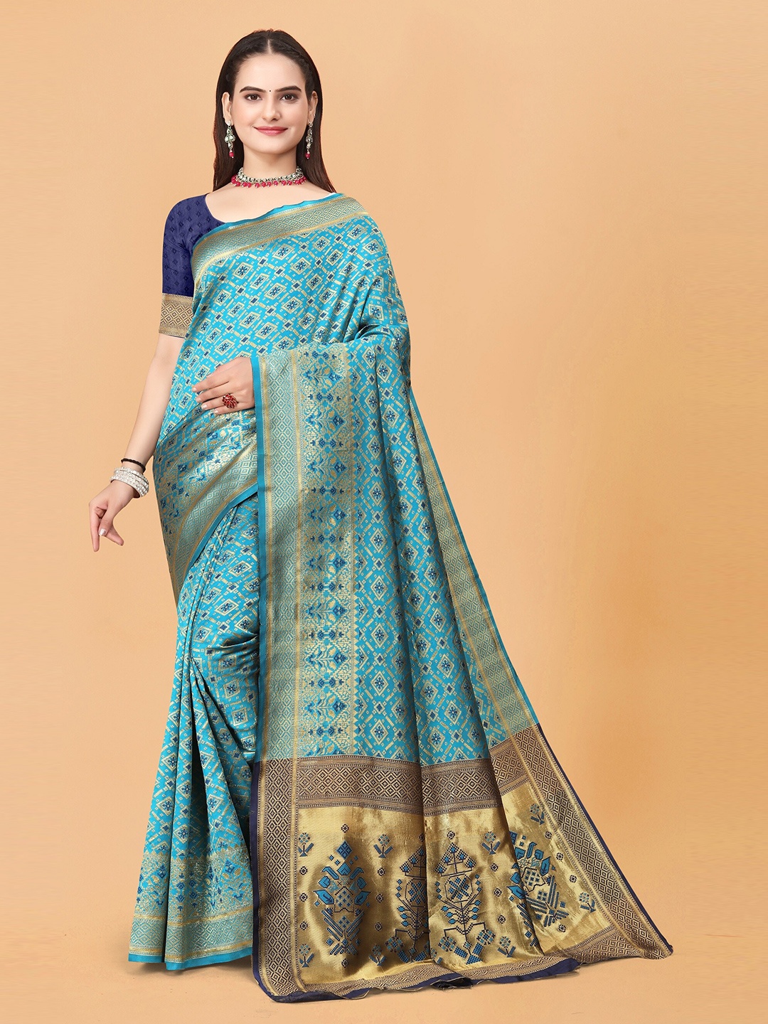 

MUKHITA Ethnic Motifs Woven Design Banarasi Saree, Turquoise blue