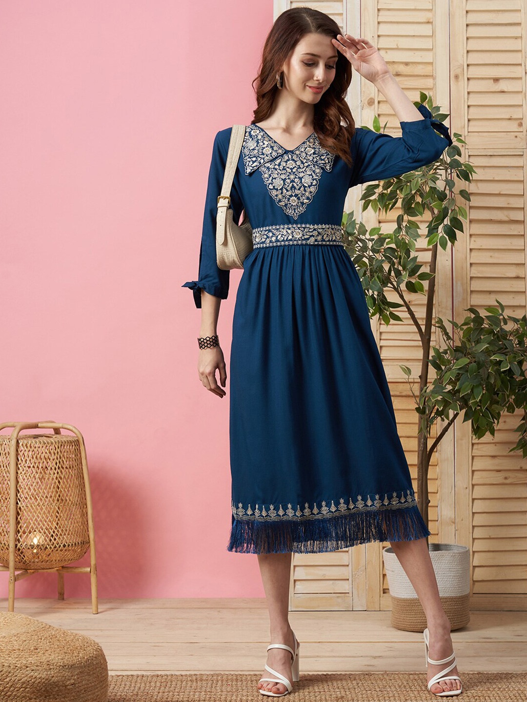

Kiana House Of Fashion Floral Embroidered A-Line Midi Dress, Blue