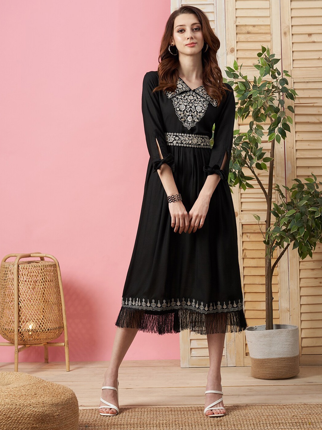 

Kiana House Of Fashion Floral Embroidered A-Line Midi Dress, Black