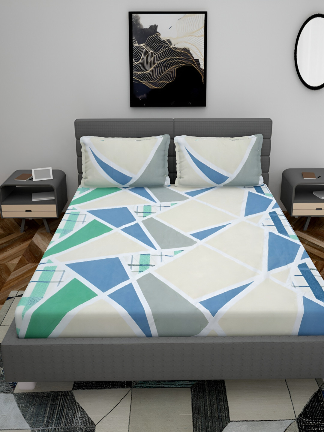 

HOMECRUST Blue Cream Abstract 210 TC Queen Fitted Bedsheet With 2 Pillow Covers