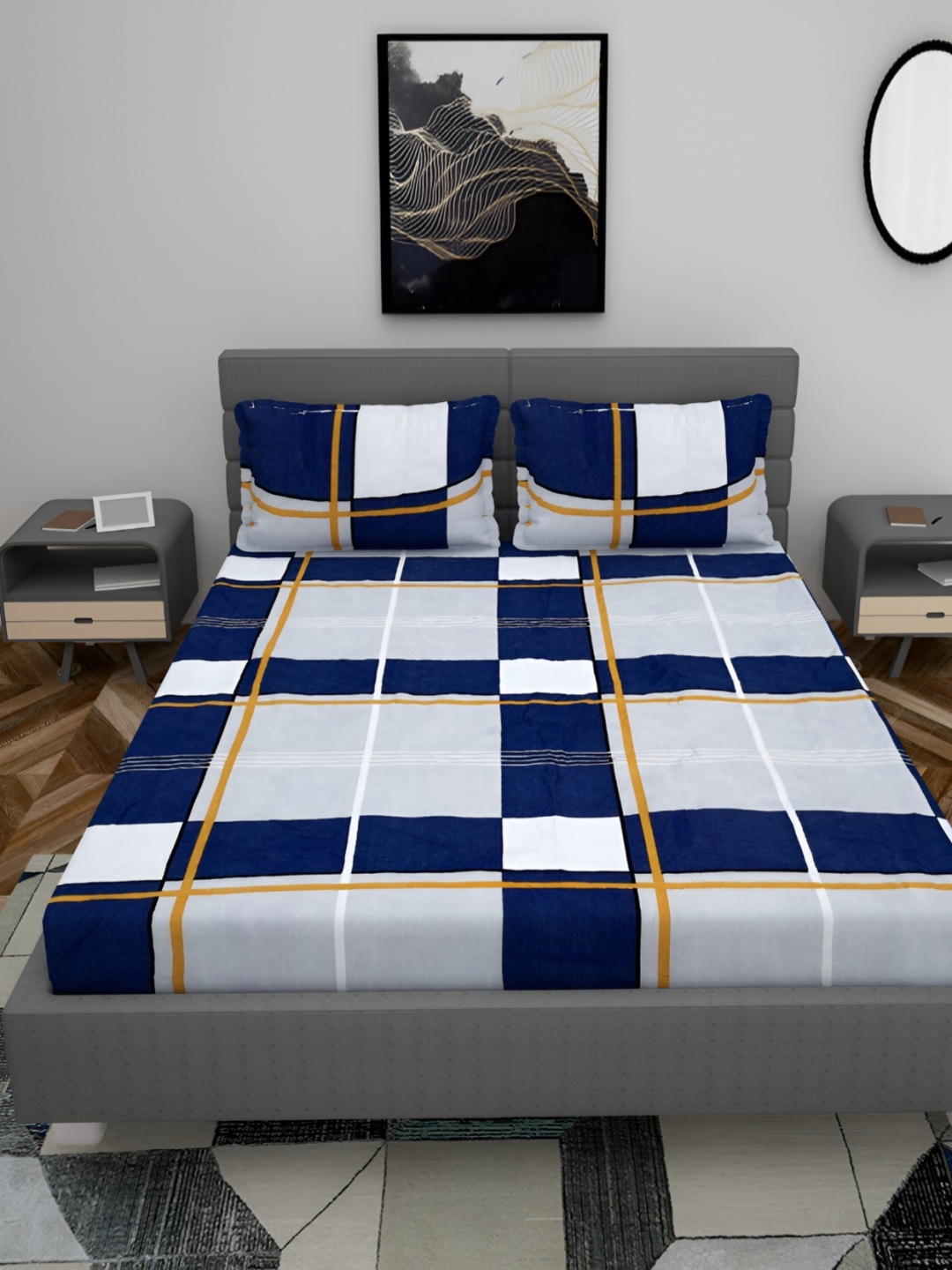 

HOMECRUST Navy Blue Geometric 210 TC Queen Fitted Bedsheet With 2 Pillow Covers
