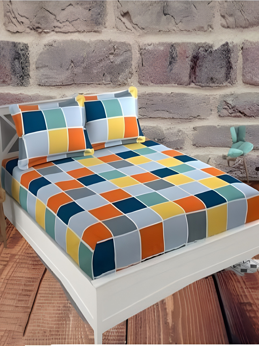 

HOMECRUST Yellow Orange Geometric 210 TC Queen Fitted Bedsheet With 2 Pillow Covers