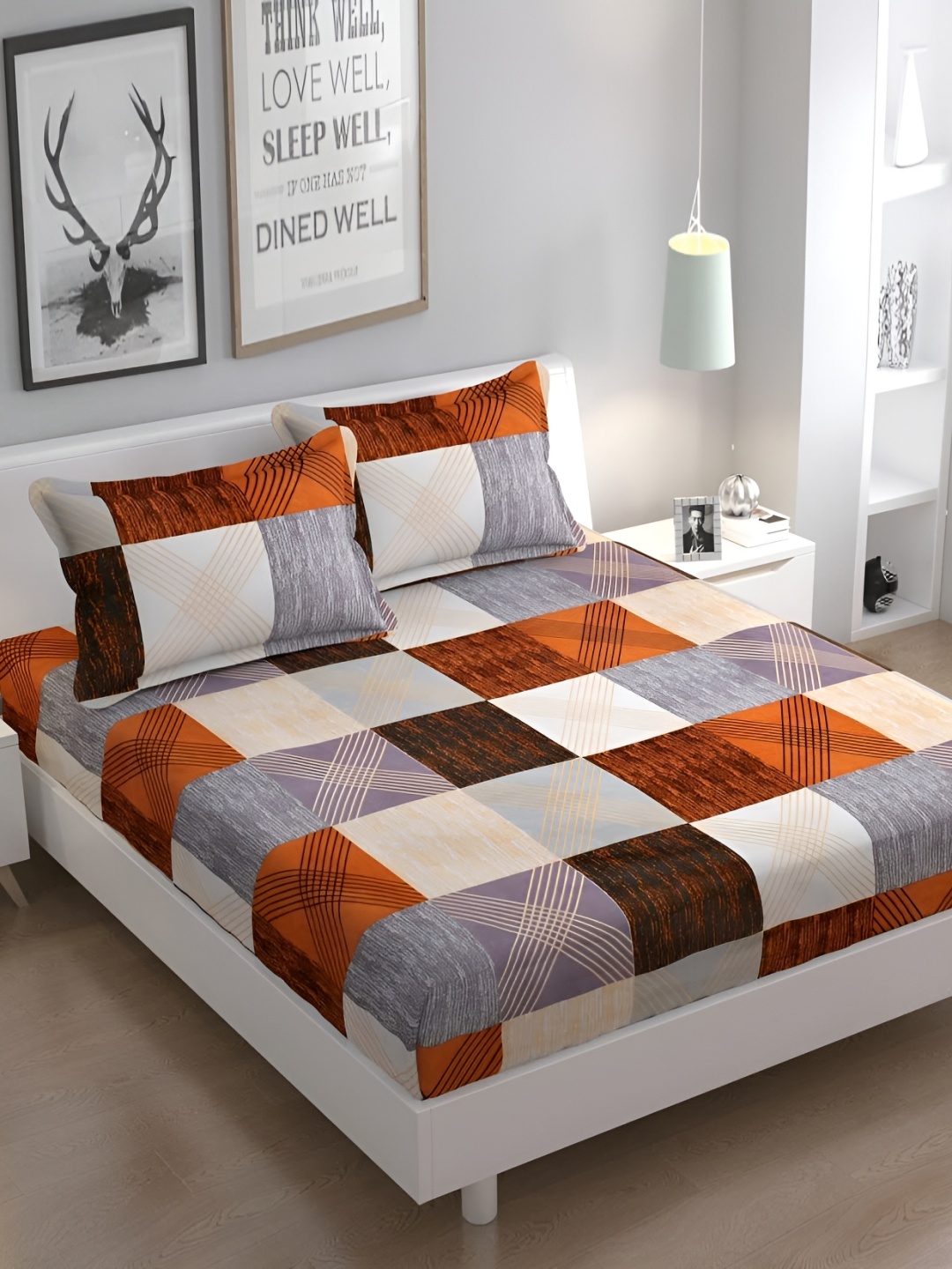 

HOMECRUST Brown Geometric 210 TC Queen Fitted Bedsheet With 2 Pillow Covers