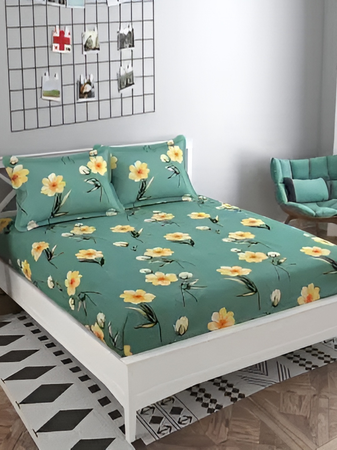 

HOMECRUST Green Floral 210 TC Queen Fitted Bedsheet With 2 Pillow Covers