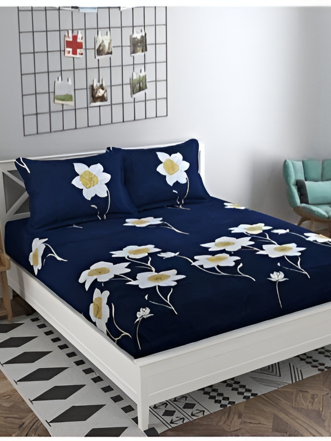 

HOMECRUST Navy Blue Floral 210 TC Queen Fitted Bedsheet With 2 Pillow Covers