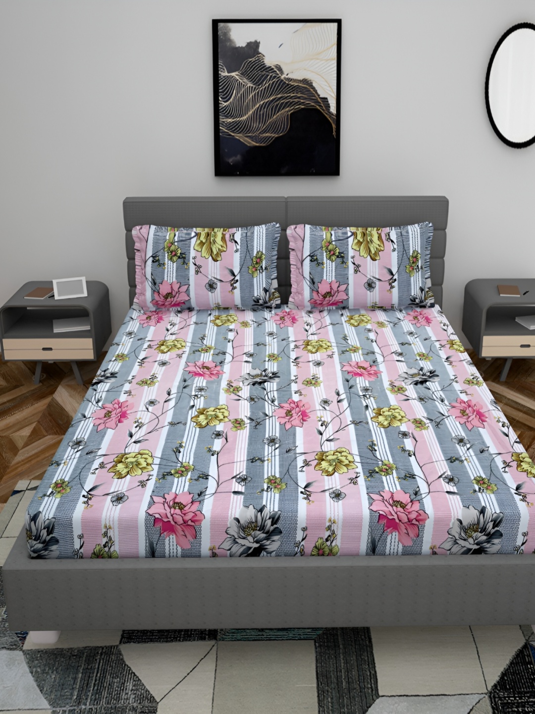 

HOMECRUST Pink Yellow Floral 210 TC Queen Fitted Bedsheet With 2 Pillow Covers
