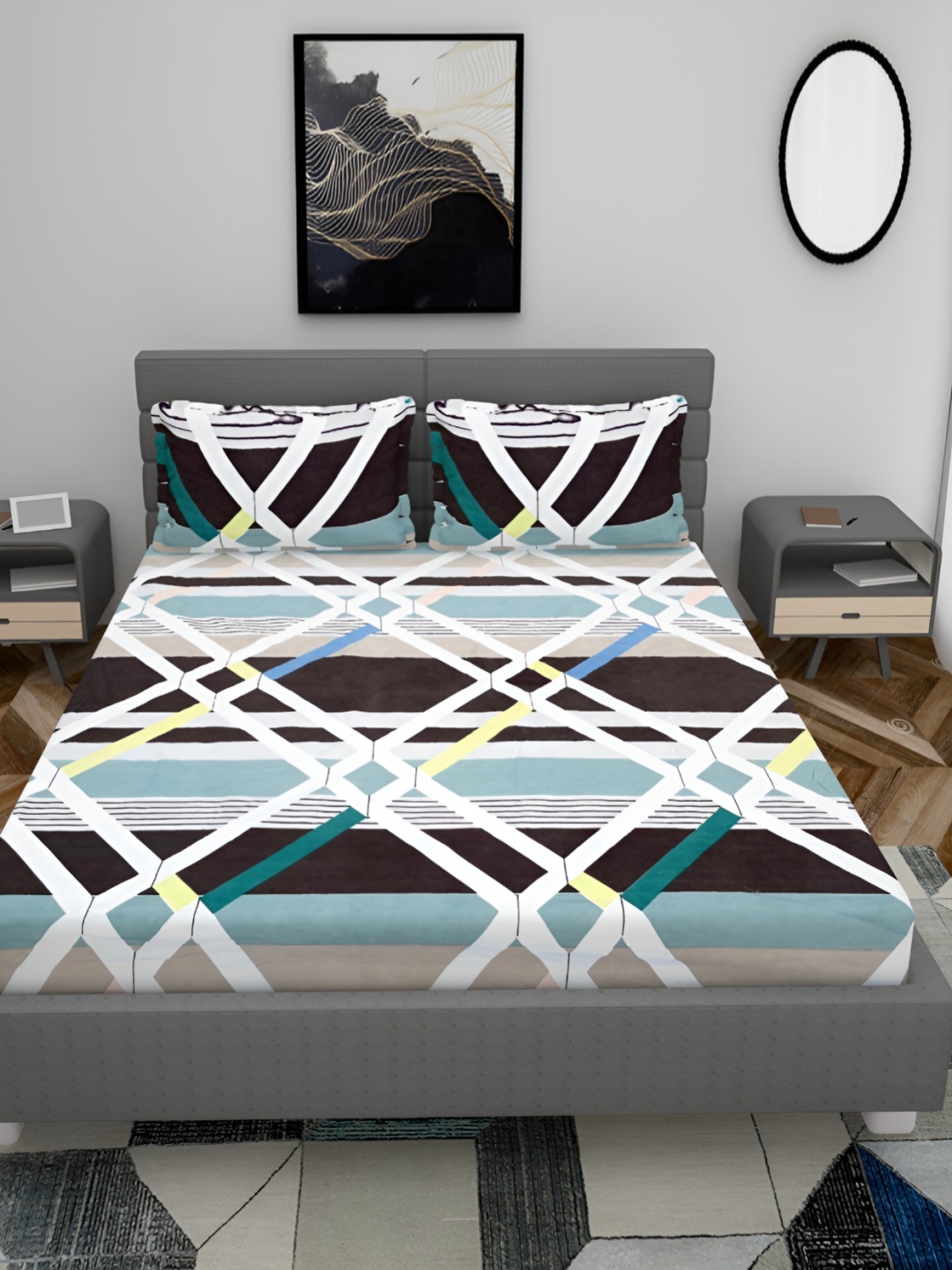

HOMECRUST Blue Brown Abstract 210 TC Queen Fitted Bedsheet With 2 Pillow Covers
