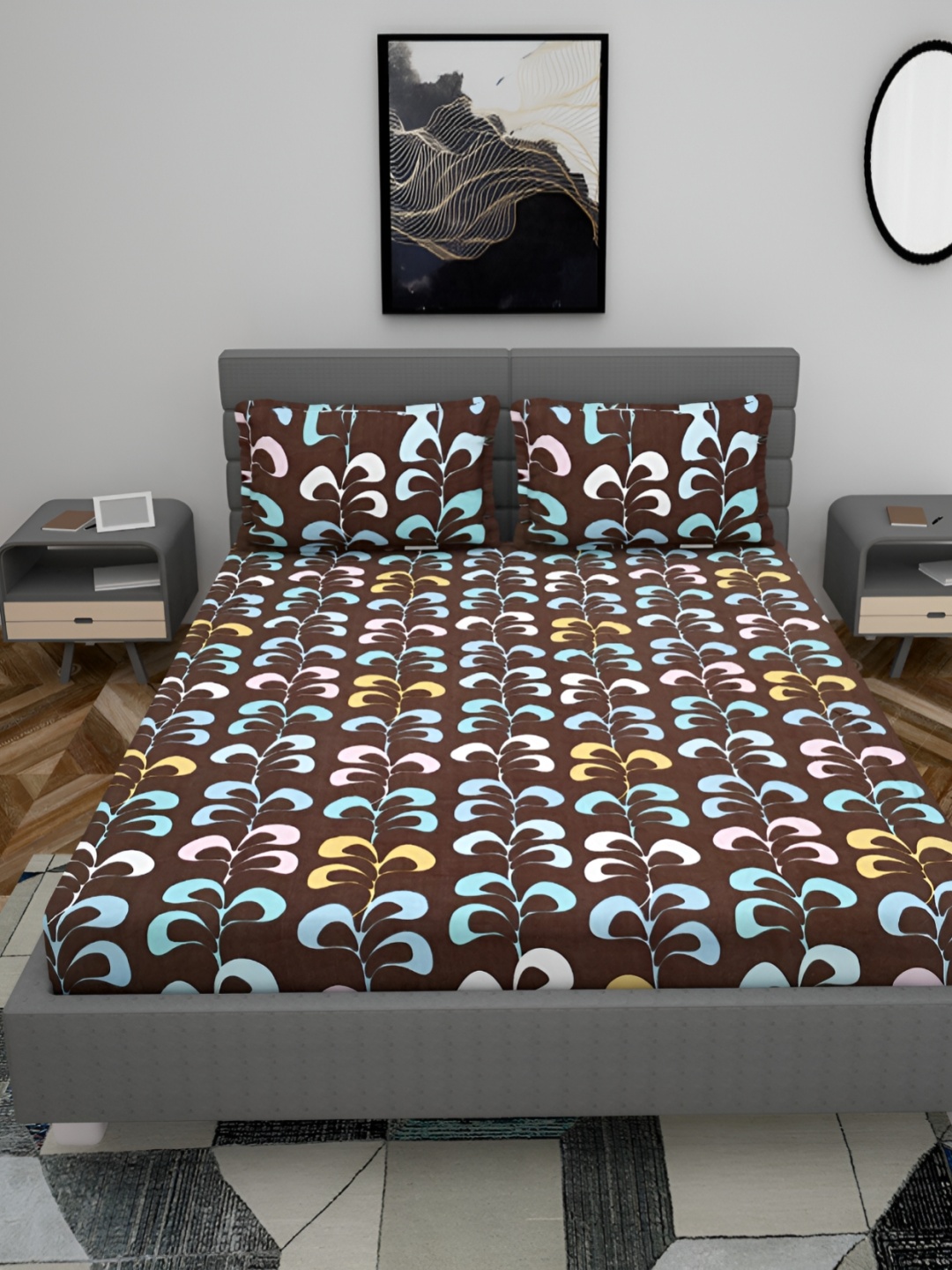 

HOMECRUST Coffee Brown Floral 210 TC Queen Fitted Bedsheet With 2 Pillow Covers