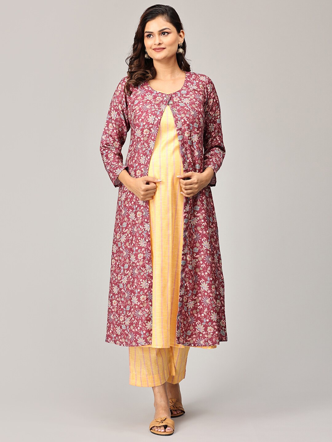 

The Mom Store Maternity V-Neck Kurta & Trouser With Shrug, Yellow