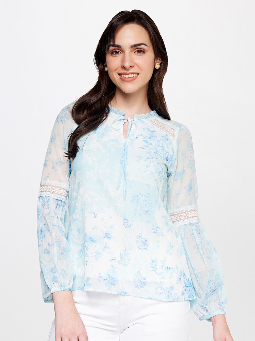 

AND Floral Printed Puff Sleeves Tie-Up Neck Top, Blue