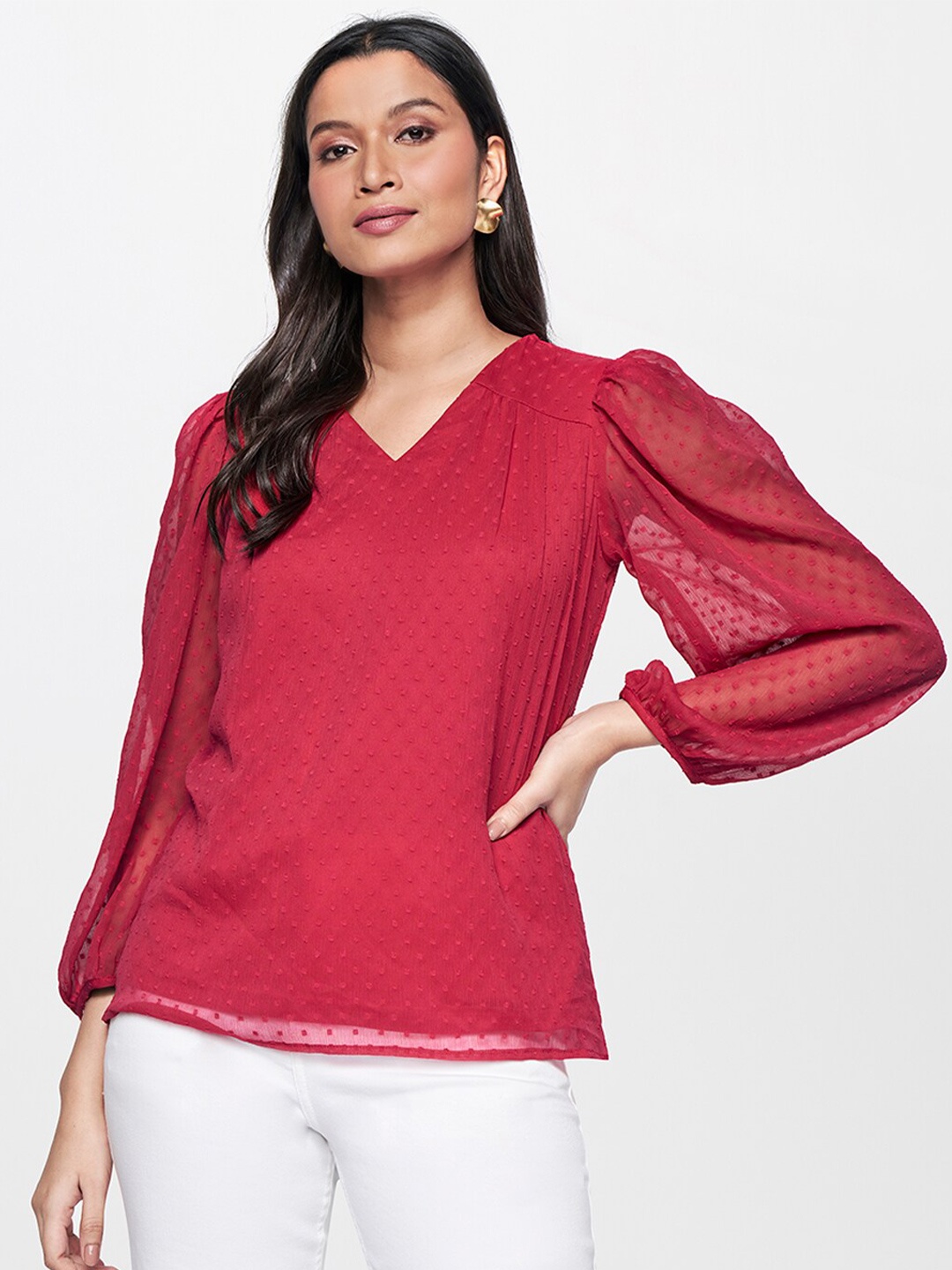 

AND Self Design V-Neck Puff Sleeves Top, Red