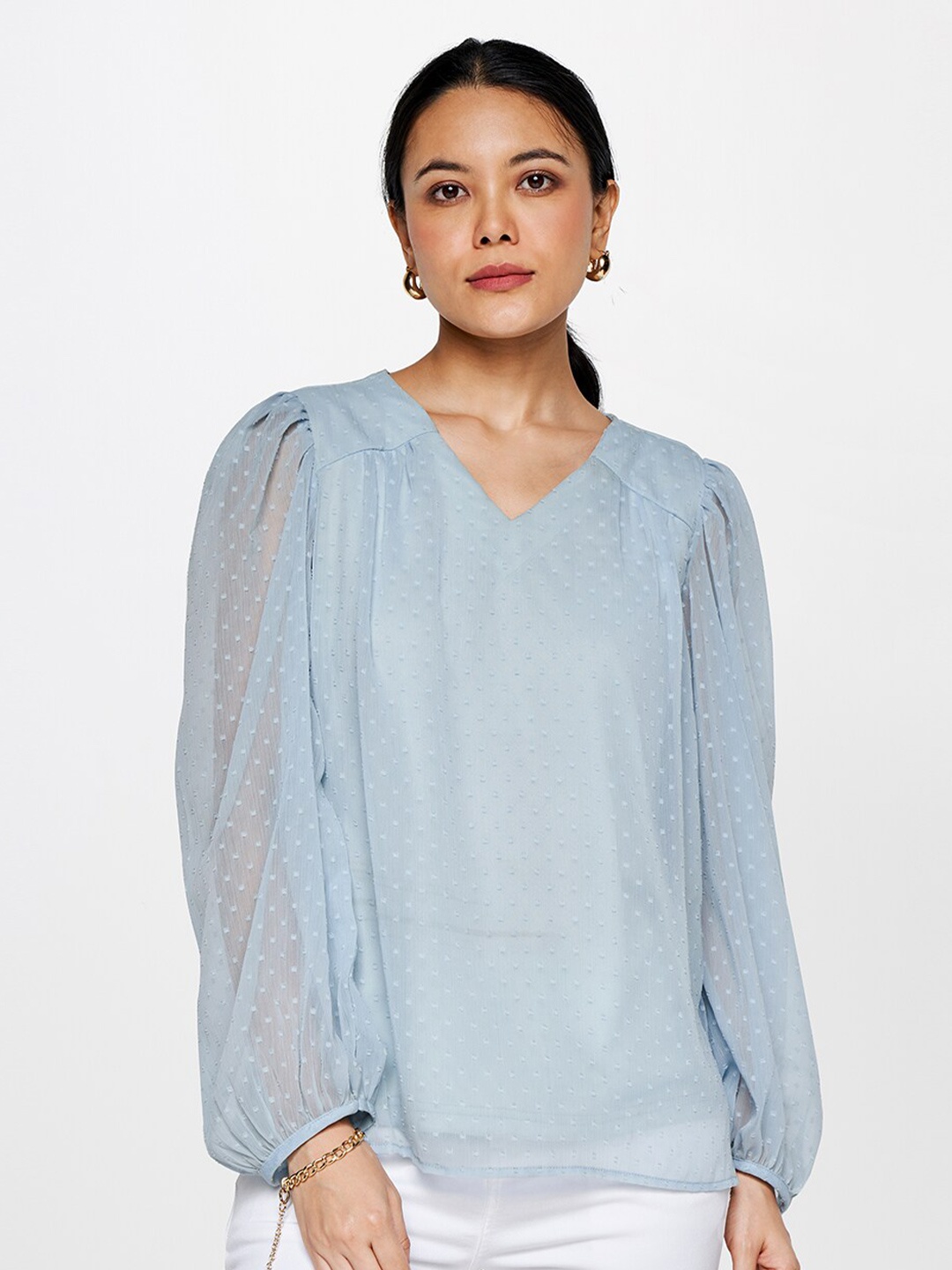 

AND Self Designed V-Neck Regular Top, Blue