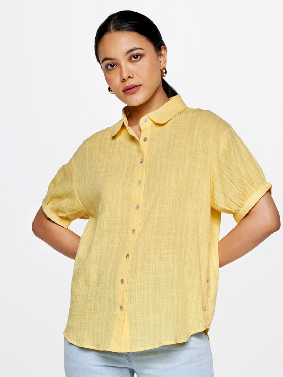 

AND Puff Sleeves Shirt Style Top, Yellow