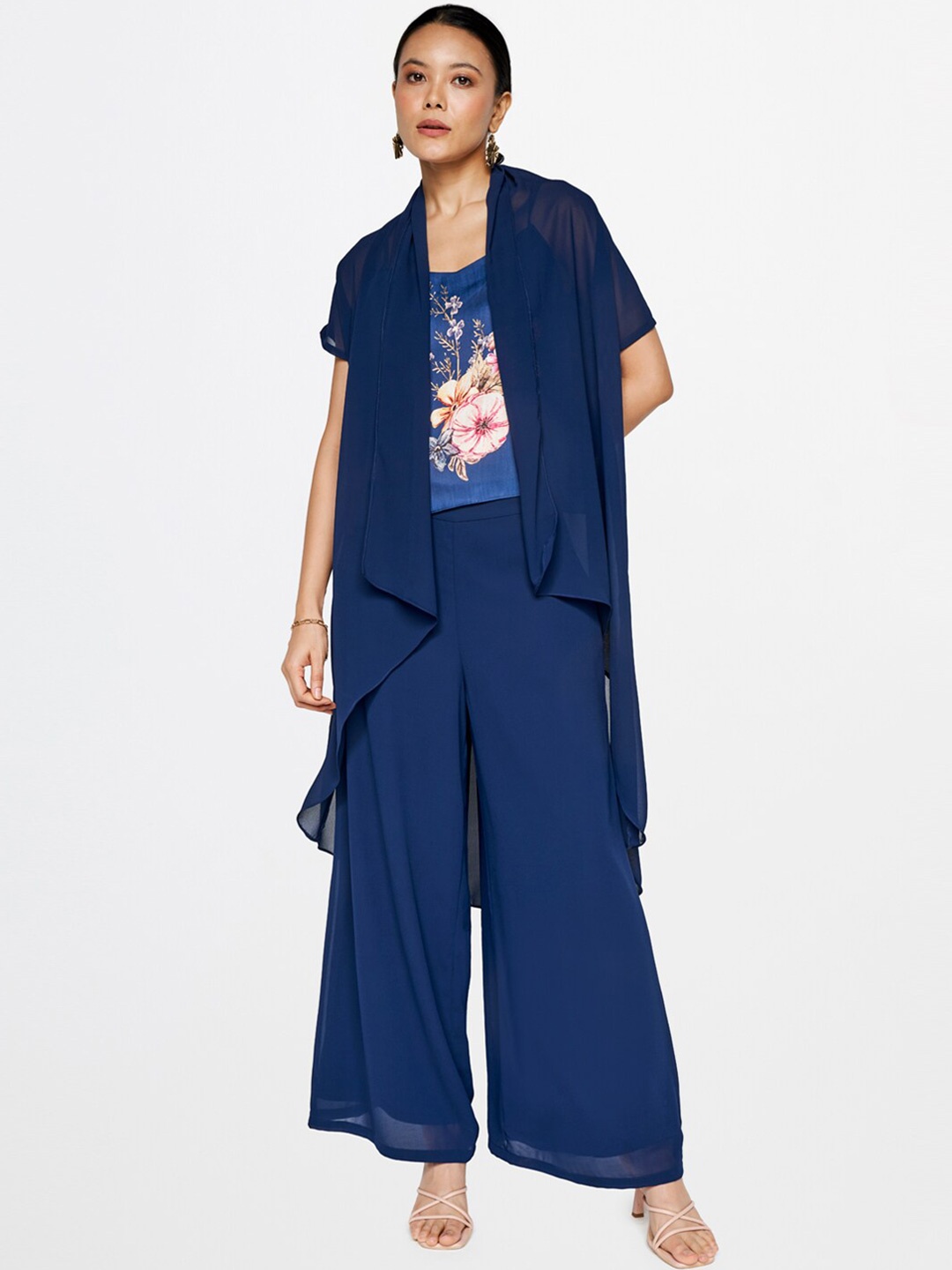 

AND Printed Round Neck Top With Trousers & Shrug, Navy blue