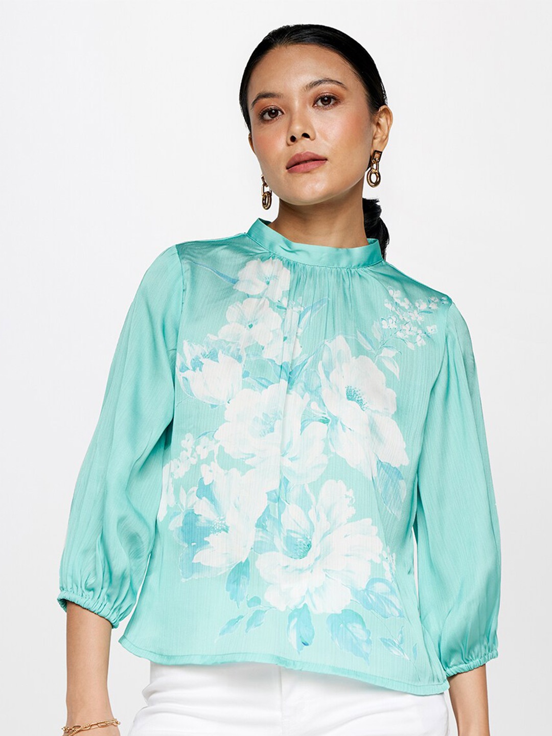 

AND Floral Printed High Neck Gathered Puff Sleeves Top, Sea green