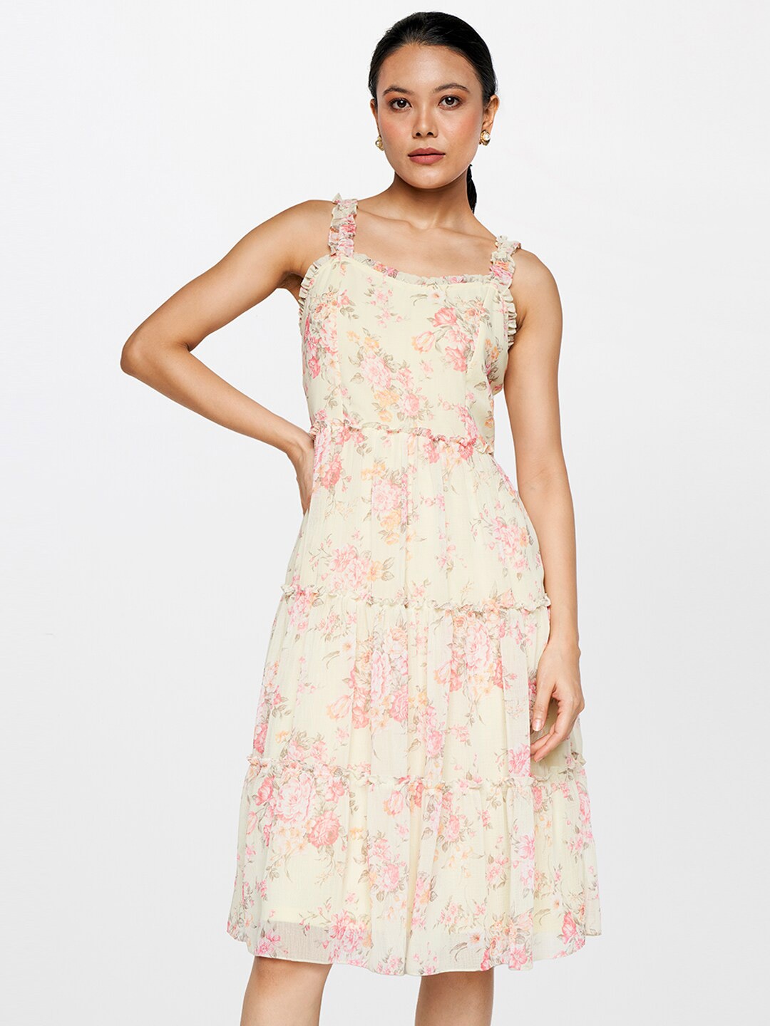 

AND Floral Printed Shoulder Straps Gathered Tiered Fit & Flare Dress, Yellow