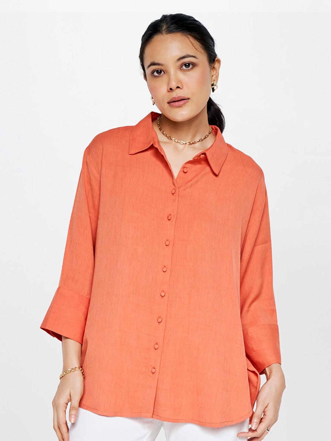

AND Orange Mandarin Collar Boxy Top