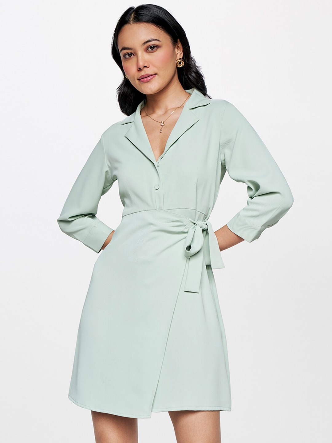 

AND Lapel Collar Tie-Ups Wrap Mini Dress, Green