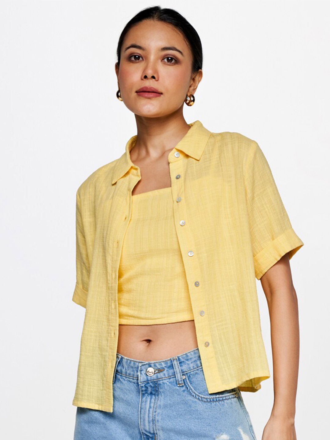 

AND Short Sleeves Shirt Style Top, Yellow