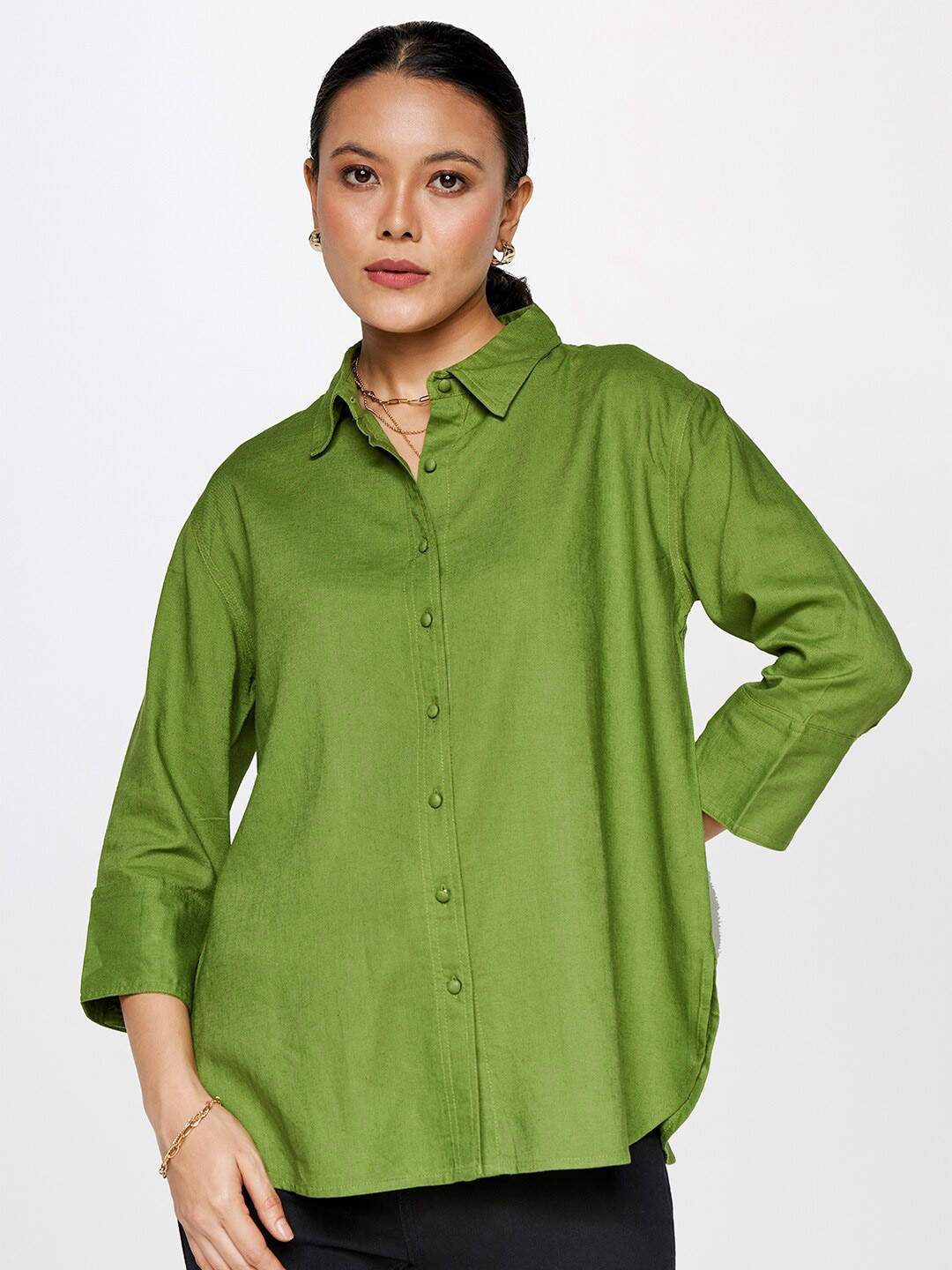 

AND Cuffed Sleeves Shirt Style Top, Green