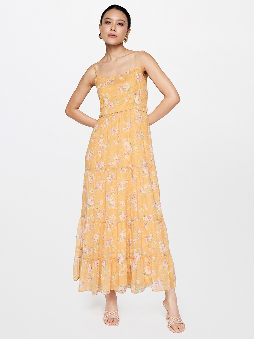 

AND Floral Printed Shoulder Straps Gathered Detailed Fit & Flare Midi Dress, Yellow